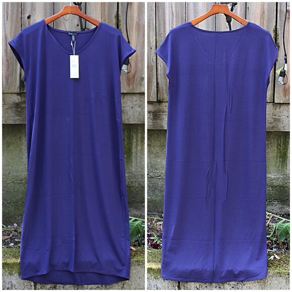 New w/Tags - Eileen Fisher V-Neck, Calf Length Dress in Viscose Jersey, Purple M - Picture 3 of 12
